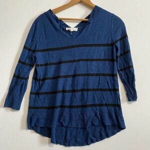 TWO by VINCE CAMUTO Womens S Blue Striped Linen Blend 3/4 Sleeve V Neck Top
